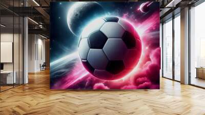 a photo realistic soccer ball as a planet in space with pink smoke and explosions with 2 moons in the background digital art Wall mural