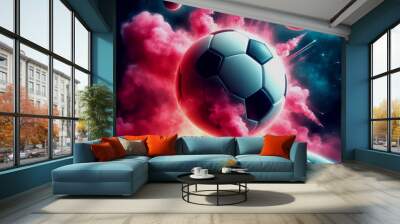 a photo realistic soccer ball as a planet in space with pink smoke and explosions with 2 moons in the background digital art Wall mural