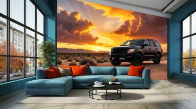 SUV parked in a desert landscape with sunset, desert ridge, desert trip Wall mural