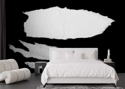 Torn glued paper texture. White ripped wrinkled paper poster pieces isolated on black background Wall mural