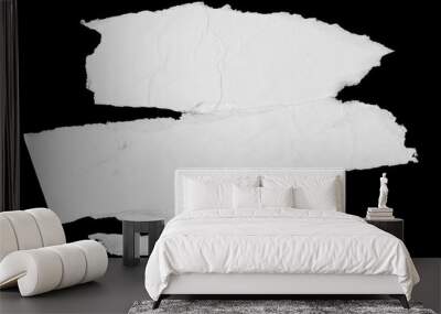 White paper ripped pieces isolated on black background. Dirty wrinkled glued paper poster texture Wall mural