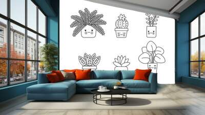 Simple coloring book for children with kawaii flowers, set collection of plants in pots. Contour, silhouette of indoor, domestic plants with eyes. Funny cute vector illustration. Wall mural