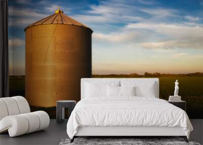 One steel grain bin in a green agriculture field in a summer countryside sunset landscape Wall mural