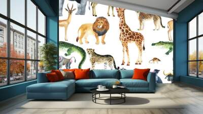 Wild animals (giraffe, elephant, cheetah, antelope) in savannah.  Watercolor Zoo seamless pattern.  Wall mural