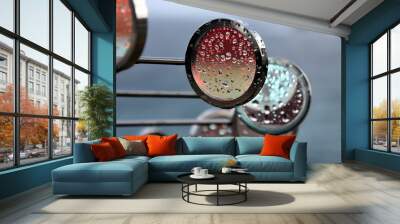 wet, red and blue, round shaped glass outdoor decoration on a rainy day. Wall mural