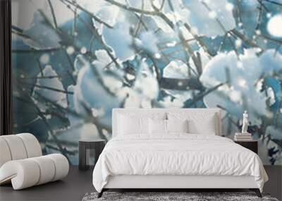 blur winter background with snow on branches Wall mural