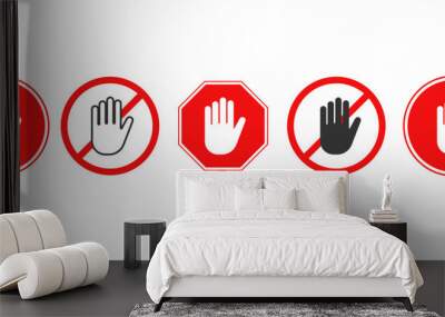 Hand forbidden vector sign. Stop hand icons set. Wall mural