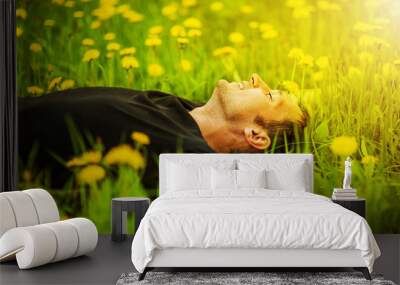 man lying on grass at sunny day Wall mural