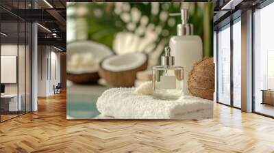 A bottle of coconut oil and a lotion dispenser on a white towel, set against a tropical backdrop with halved coconuts and green leaves, evoking a serene spa-like experience. Wall mural