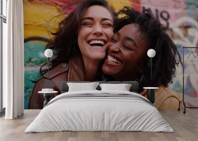 A joyful moment shared between two women laughing together, standing closely in front of a vibrant graffiti wall expressing friendship and happiness in urban settings. Wall mural