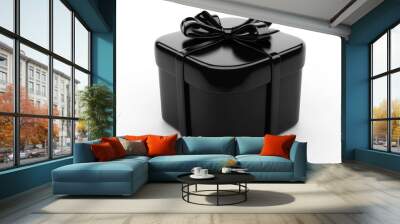 A sleek, glossy black gift box with a stylish bow on top, symbolizing elegance and luxury, perfect for premium gifts or special occasions, against a white background. Wall mural