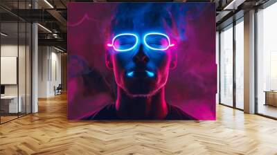 A vivid image featuring a silhouette with neon glasses, surrounded by pink and blue smoke, evoking a sense of mystery and futuristic style. Wall mural