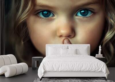 A young child with mesmerizing blue eyes holds a finger to their lips, conveying a gesture of silence and curiosity, set against a blurred background. Wall mural