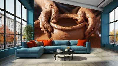 Close-up view of hands skillfully molding a clay pot on a spinning pottery wheel, demonstrating the detailed craft and tactile engagement in creating ceramic art. Wall mural