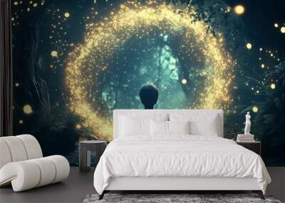 In a mystical woodland, a person meditates before a vibrant, glowing circular portal, surrounded by fireflies, embodying tranquility and magic in a serene natural setting. Wall mural