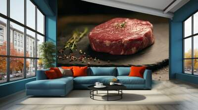 This image features a raw steak placed on a dark slate plate, garnished with fresh herbs and surrounded by colorful spices, all beautifully arranged to create an appetizing visual. Wall mural