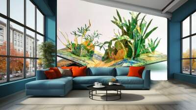 This image showcases a vibrant pop-up book featuring lush green plants and nature elements, demonstrating intricate paper craftsmanship and artistic creativity in three dimensions. Wall mural