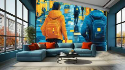 This image shows two figures wearing backpacks as they walk through a modern city street, depicted in a digital and pixelated style with a blend of blue and yellow hues. Wall mural