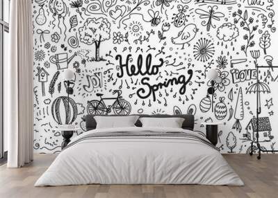 Hello spring cute vector doodles on white background
 Wall mural