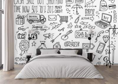 Shopping time hand drawn vector cartoon dooddles Wall mural