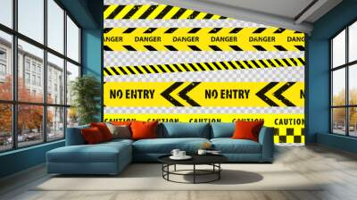 Black and yellow police stripe border, construction, danger, no entry caution tapes set. Set of danger caution grunge tapes.  Warning signs for your  design on transparent background. EPS10 Wall mural