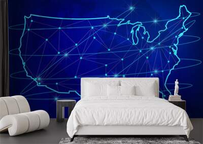 Global logistics network concept. Communications network map of the USA on the world background. USA map with nodes in polygonal style. Vector illustration EPS10.  Wall mural