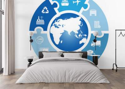 Global logistics network. Map global logistics partnership connection.  Similar world map with geolocation and logistics icons. Simple icon circle puzzle. Flat design. Vector illustration EPS10.  Wall mural