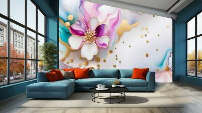 Abstract colorful marble alcohol ink background witch colorful marble flowers. Wall mural