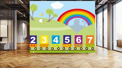 Educational numbers train with smiling giraffe and rural landscape Wall mural