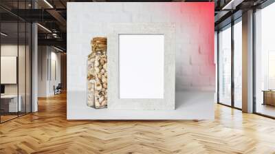 Minimal wooden picture poster frame mockup on white wallpaper Wall mural