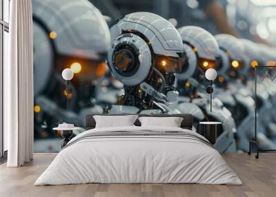 Futuristic robots lined up in a high-tech environment. Wall mural