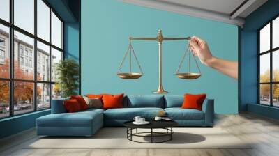 Scales of justice with two hands balancing them, cooperation in morality, flat design illustration Wall mural