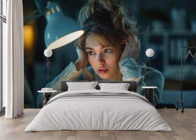 Young woman stressed at work under lamp light, evening mood. Wall mural