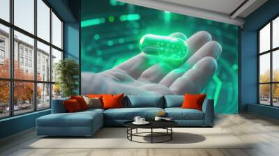 A Closeup Exploration of a Glowing Nanodrug Capsule in Sci-Fi Realm Wall mural