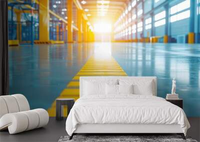 Bright Modern Warehouse Interior with Yellow Markings on the Factory Floor Background Wall mural