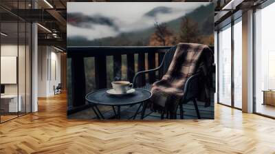 Cup of tea on wooden cabin terrace, cozy morning in the mountains lifestyle photo Wall mural