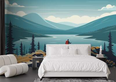 Lonely traveller hiking in the mountains, vector illustration. Beautiful nature outdoor, backpacking trip to a national park Wall mural