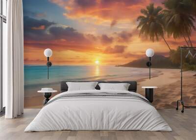 Sunset on empty beach, perfect vacation on tropical island, summer holiday travel landscape photo Wall mural