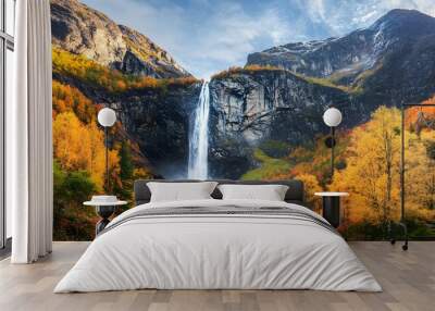 Waterfall in autumn mountains, panoramic nature landscape, national park travel photo  Wall mural