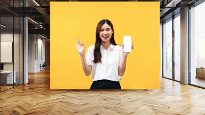 Young asian woman wearing white short sleeve shirt and smiling while holding smartphone with blank screen Wall mural