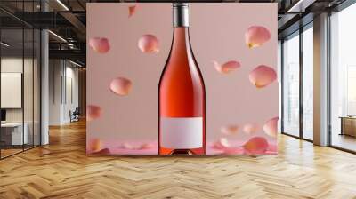 A bottle of wine with a white label sits on a table with pink petals scattered a Wall mural