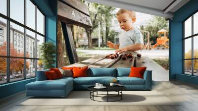 a child plays on a wooden bench with chestnuts Wall mural