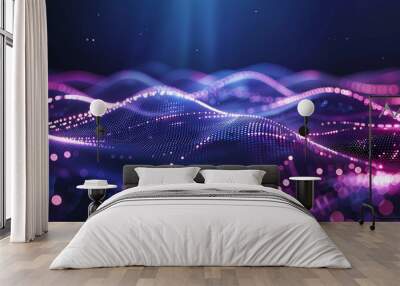 Abstract wavy futuristic technological wallpaper with luminous dots in purple and blue colors with empty space. Illustration for background, poster, banner, or presentation Wall mural