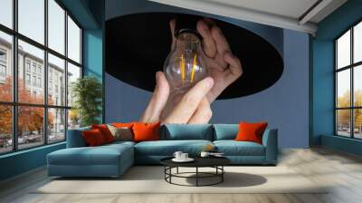 Close-up. A hand changes a light bulb in a stylish loft lamp. Spiral filament lamp. Modern interior decor. Wall mural