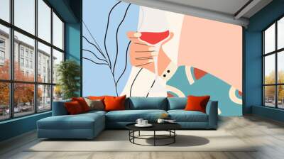 Female hand holding glass of wine. Woman's hand in bright clothes with memphis pattern holding glass. Alcohol drink. Concept of wine lover. Picture on abstract background. Flat vector illustration Wall mural