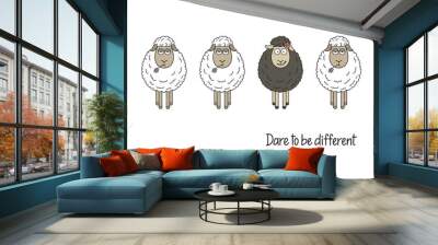 Cute smiling black sheep among white ones. Dare to be different hand written. Black sheep of the family, Standing out from crowd, Be yourself concept Wall mural