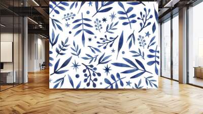 Seamless watercolor pattern with blue leaves and branches. Background with nature elements and stars for textile, wrapping, covers, decoration. Wall mural