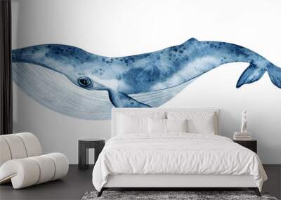 Watercolor blue whale illustration isolated on white background. Hand-painted realistic underwater animal art. Wall mural