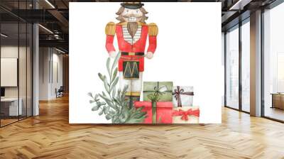 Watercolor Christmas illustration with nutcracker, presents, winter plants. Christmas decoration, holiday season, new year celebration, gift boxes Wall mural