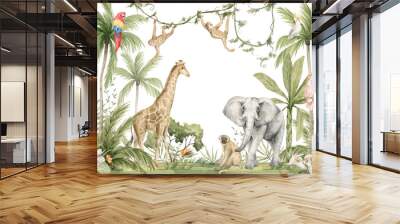 Watercolor composition with African animals and natural elements. Elephant, giraffe, monkeys, parrots, palm trees, flowers. Safari wild creatures. Jungle, tropical illustration for nursery wallpaper Wall mural